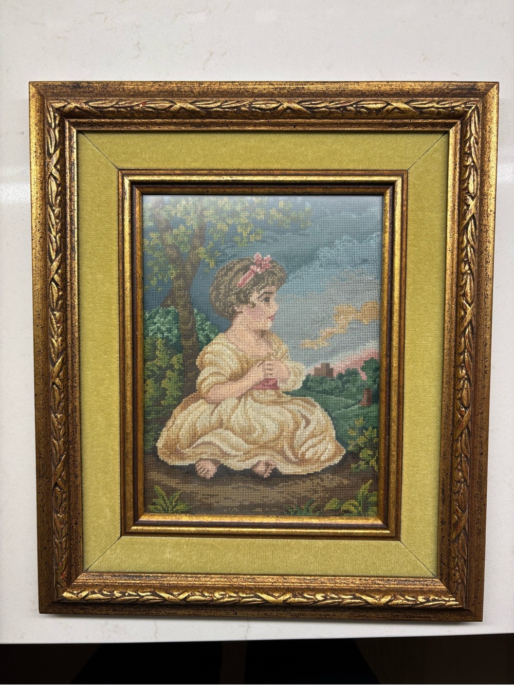 Vintage Framed Needlepointβ Little Girl in Cream Dress